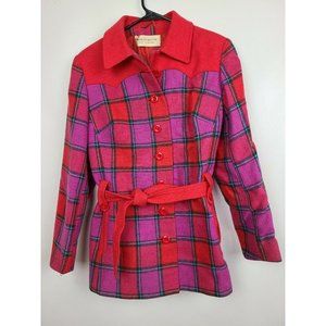 Vintage 80s Windsmoor Red Pink Plaid Wool Belted Retro Pea Coat Medium